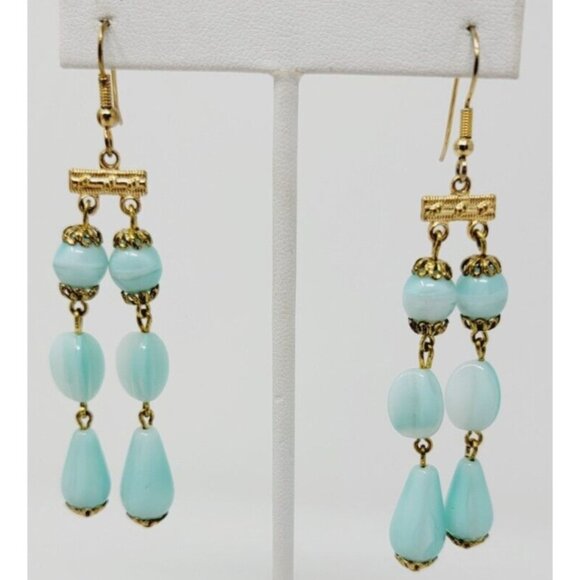 Vintage Gold tone baby blue marbled glass dangly Earrings - Picture 1 of 4